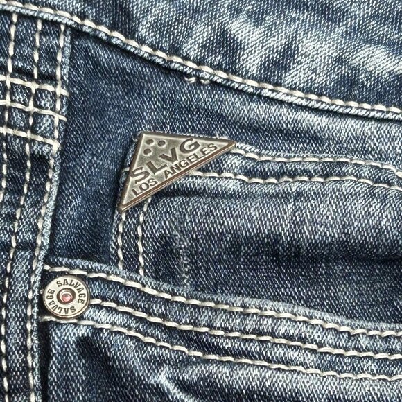 Salvage Mayhem Jeans Mens 32x31 Blue Bootcut Contrast Thick Stitch Buckle Y2K - Picture 6 of 14